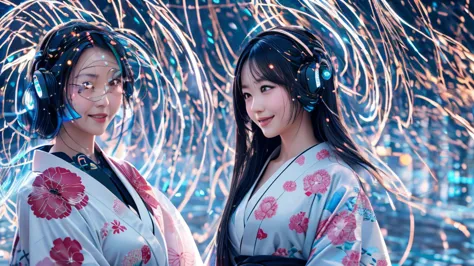 a serene japanese woman in a modern kimono, smile, her hair subtly glowing with fiber-optic strands, surrounded by soft ai-gener...