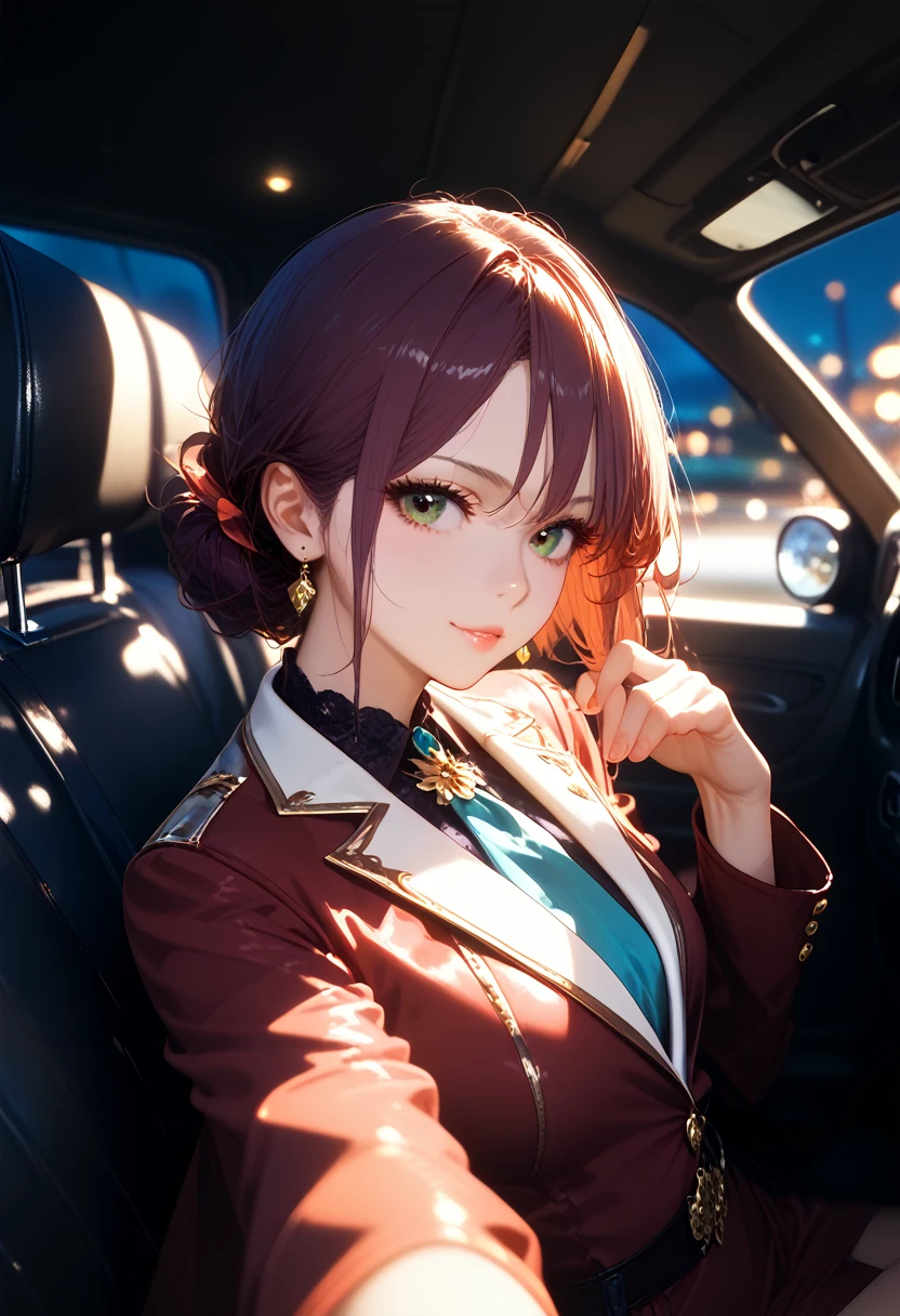 anime girl, Dressed in a Velvet Suit, beautiful pose, Sexy and Pleasant Appearance, Ideal anatomy, flirting, Background Sits in a Car on a Leather Seat, small details, Leather interior Windows slightly open, masterpiece, Full Detailing, bright colors, Precise Elaboration of Details, A game of shadows, Maximum Quality, core_9, score_8_up, score_7_up, dramatic lighting, highly detailed, high budget, bokeh, cinemascope, moody, epic, gorgeous, film grain, grainy, masterpiece, best quality, perfect anatomy, very aesthetic, official art, 8k,