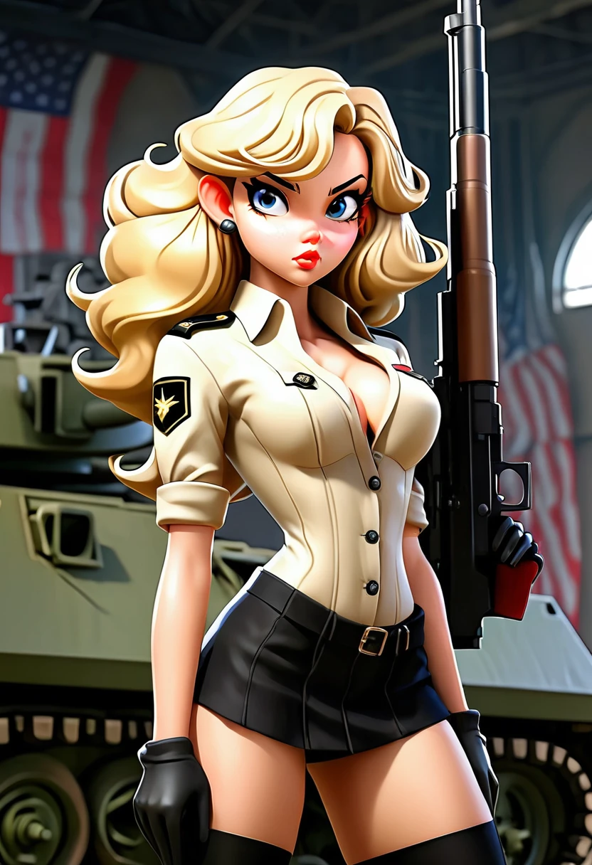 NSFW erotic beautiful girl with long curly drill blond hair and black iris, standing in the USA Military base near a big military tank, wear sexy tiny military uniform with black sexy stockings with pattern, in her hand she holds a Military gun. Sexy pose Extreme erotic view, hyperrealistic, intricate details, cinematic lighting, dramatic atmosphere, fantasy, vibrant colors, masterpiece, octane render