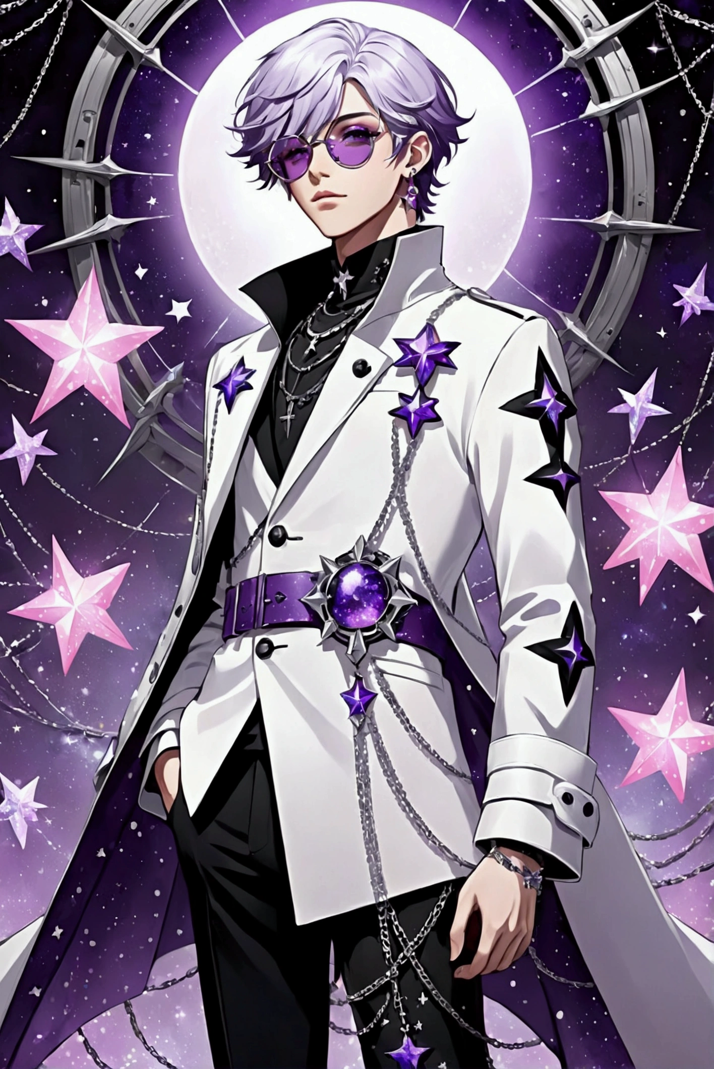 The character has a stylized, male teenage look, with short purple hair and slightly falling bangs at the front, adorned with white details, like stars or sparkly threads. His large, purple eyes are highlighted by elaborate makeup with shades of pink and purple, incorporating stars and small sparkles. He wears star-shaped dangling earrings and a silver side ornament, reinforcing a celestial theme. His outfit is predominantly black with purple details, including chains, buckles and pockets with small decorative elements, such as a stuffed ghost attached to the coat. The coat has a futuristic style, with angular cuts and metallic details. On the legs, there are purple belts and straps over black pants with a slight pattern, and his black platform boots have chains and white cross symbols, completing the look. The character's style combines gothic, futuristic and magical elements, creating a dark and at the same time ethereal aesthetic, perfect for a universe of fantasy and advanced technology.Alta resolução, Preciso, Melhor qualidade, Detalhes altos, Ultra HD, Ilustração, Estilo anime, Anime, Arte gótica, Hiperdetalhado, 