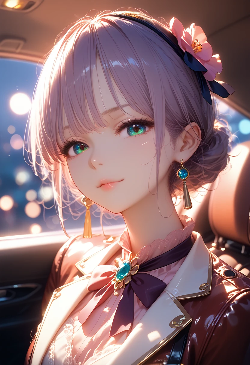 anime girl, Dressed in a Velvet Suit, beautiful pose, Sexy and Pleasant Appearance, Ideal anatomy, flirting, Background Sits in a Car on a Leather Seat, small details, Leather interior Windows slightly open, masterpiece, Full Detailing, bright colors, Precise Elaboration of Details, A game of shadows, Maximum Quality, core_9, score_8_up, score_7_up, dramatic lighting, highly detailed, high budget, bokeh, cinemascope, moody, epic, gorgeous, film grain, grainy, masterpiece, best quality, perfect anatomy, very aesthetic, official art, 8k,