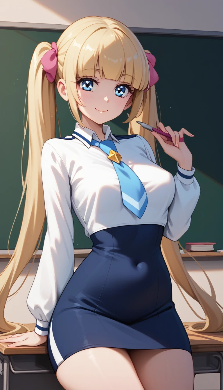 Score 9, Score 8 up, Score 7 up,, puffy nipples,
Detailed Background, Glowing Skin, blonde hair, (long twintails), teacher, in classroom, medium breasts, black skirt, smile, closed mouth, (teacher outfit). in front of chalkboard, blue eyes,