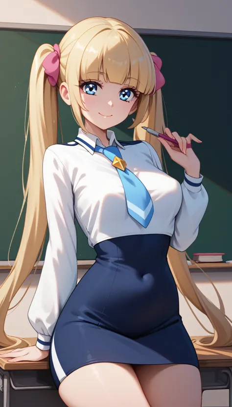 score 9, score 8 up, score 7 up,, puffy nipples,
detailed background, glowing skin, blonde hair, (long twintails), teacher, in c...