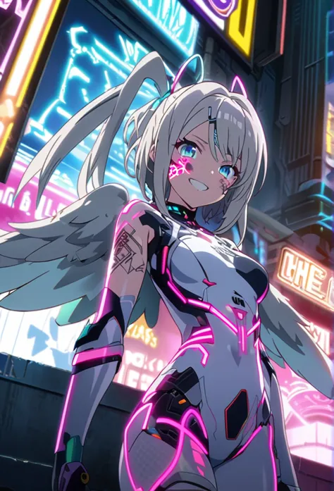 masterpiece, best quality, highly detailed cg unity 8k wallpaper, one cyber girl, anime screenshots, neon electronic circuit tat...