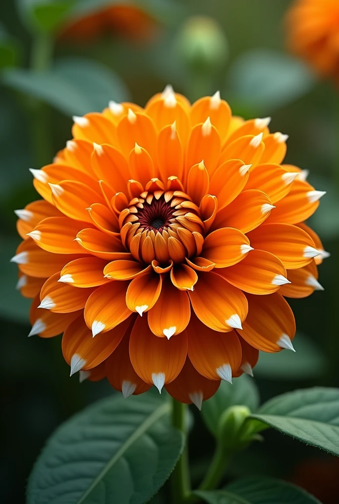 An award-winning masterpiece (photorealistic 1.2) of an orange zinnia flower, characterized by its vibrant orange petals and a unique layered structure. The flower has a rich, textured appearance with white tips on some petals, creating a striking contrast. The background is likely filled with greenery, enhancing the flower's bright colors and making it stand out. Overall, it conveys a sense of beauty and vitality typical of Zinnias.