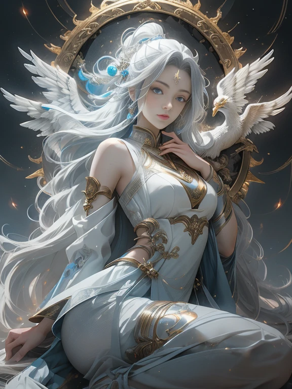 Rita Hair: Long and wavy, with silvery white color and Ethereal glow. eyeball: bright blues with a deep, Ethereal glow. Animal White angel with blue eyes Clothing and armor: elegant and mysterious, A combination of shiny metal and magical cloth. Blue and gold details with shiny engraving, Fairy and giant symbol. Adding elements like wings and flames. accessories: A towering magical bow with a sharp blade and a blue or gold glow.。The pose and expression of a combined hammer and spear weapon。: Confident Hall々A positive attitude, In combat or meditation. Determination and calm expression, Reflects inner strength and connection to the Phoenix. visual effects: bright, A cosmic aura of soft flames and shining stars. Small glows and bolts of energy appear around Rita.