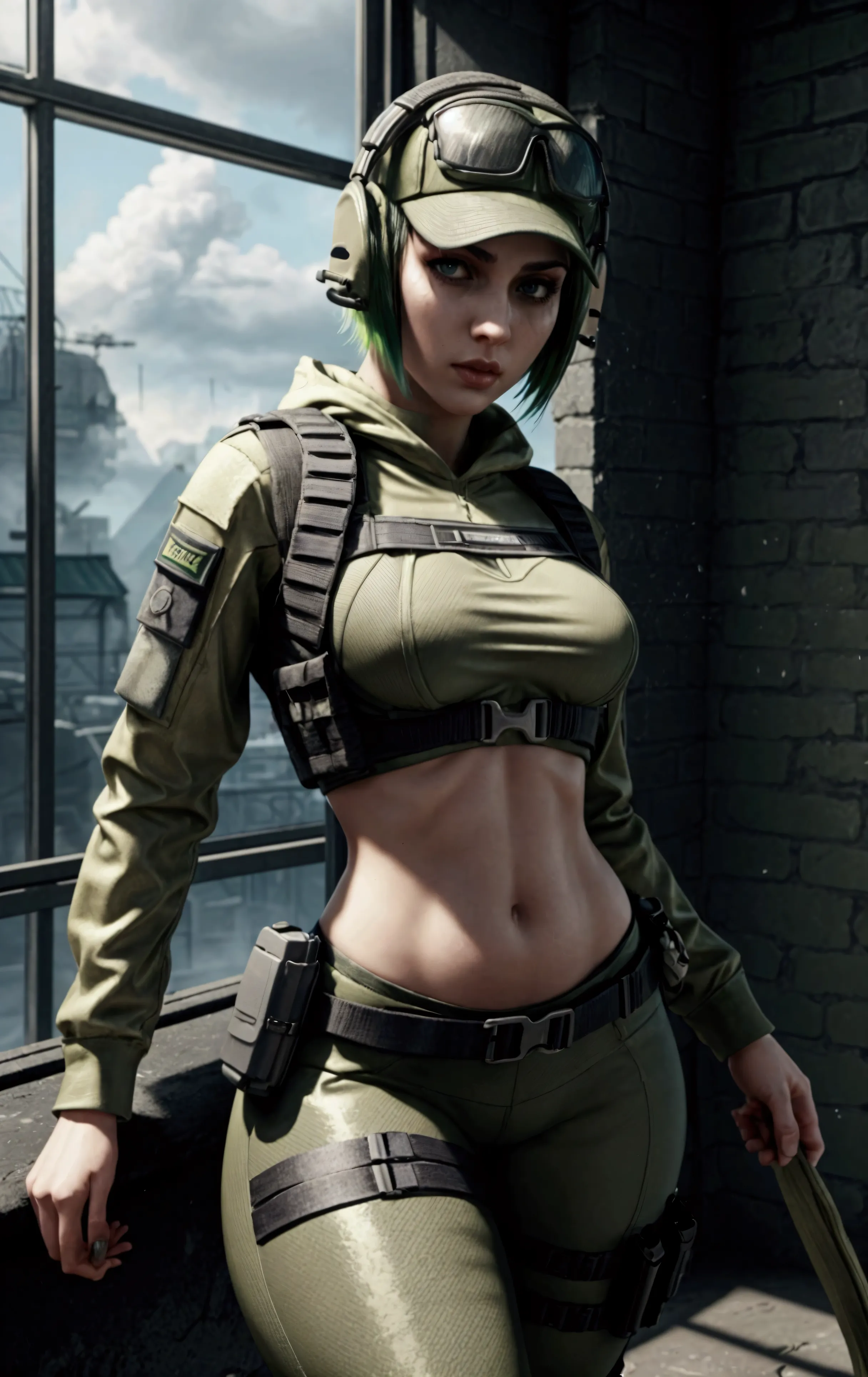 ela rainbow six siege, green short hair, cap, tactical headphones, belts, straps, open belly, tight cloth, sexy pose, pockets on...