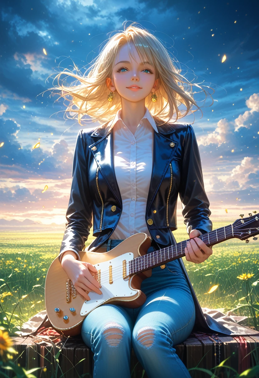 Anime Girl 2, beautiful sexy,Beautiful Body Shapes, Lush, voluminous hair, Dressed in a Leather Jacket and Jeans, Holds a Guitar in His Hands Plays It Looks at the Viewer Smiles, joy, warm colors, Background Light Weather, ears of wheat are growing, field, Wooden chair, sits, Small clouds, bright colors, Shine, Mystical landscape, A game of shadows, dynamic shadows, The Wind Blows the Ears of Corn, Very beautiful, masterpiece, maximum details, Maximum Image Quality, core_9, score_8_up, score_7_up, dramatic lighting, highly detailed, high budget, bokeh, cinemascope, moody, epic, gorgeous, film grain, grainy, masterpiece, best quality, perfect anatomy, very aesthetic, official art, 8k,
