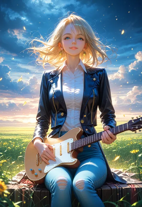 anime girl 2, beautiful sexy,beautiful body shapes, lush, voluminous hair, dressed in a leather jacket and jeans, holds a guitar...