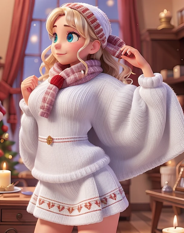 In a charming Disney Pixar Christmas setting,  The house indoors is decorated with festive decorations "Christmas" Decorations, kind "snow" Falling outside. a "Cute young woman" Cozy "wool" winter underwear climbs to decorate her Christmas tree, Surrounded by attractive brilliance "window," Capture the heartwarming holiday spirit. She is wearing wool lingerie underwear g-string captured from behind