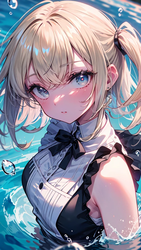 (【8k, best quality, masterpiece: 1.2),Ultra-high resolution, 1 person, alone,Highly detailed faces, apron dress, black dress, White apron, Black and white maid outfit, Random hairstyle、 rowing、[lake、Sunlight, clavicle, yandere expression,shine、splash, overall image, flood, 