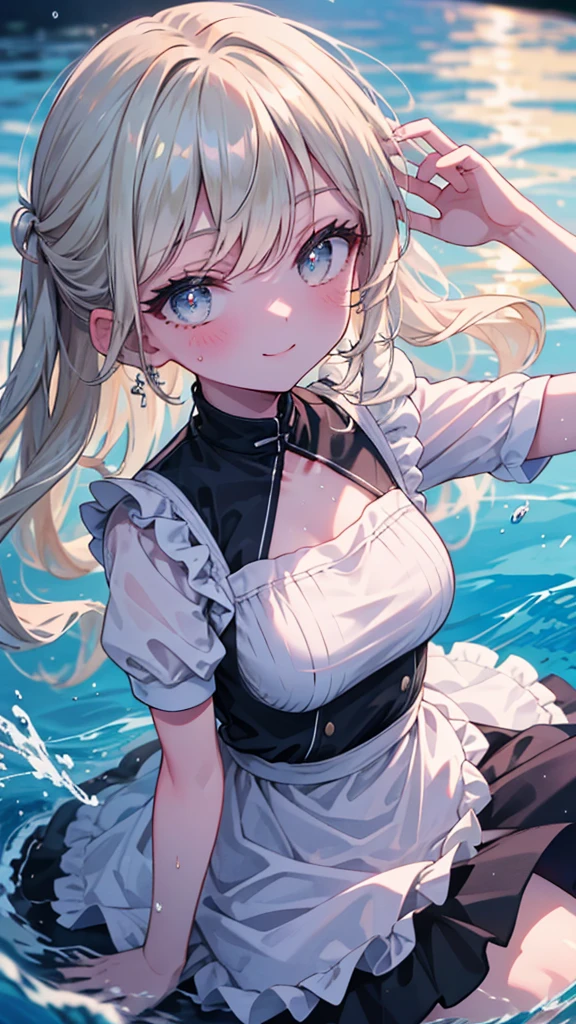 (【8k, best quality, masterpiece: 1.2),Ultra-high resolution, 1 person, alone,Highly detailed faces, apron dress, black dress, White apron, Black and white maid outfit, Random hairstyle、 rowing、[lake、Sunlight, clavicle, bright smile expression,shine、splash, overall image, flood, 