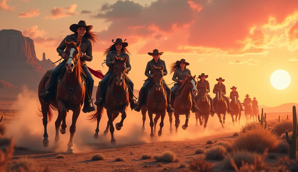 Create a wide western poster for the "Cowgirl Coach Division." Multiple cowgirls on horseback charge across an open field, leaving a trail of dust behind them, with cacti and mountains in the background. The sky is a vibrant mix of orange and pink as the sun sets. "L'IMMERSION COMMENCE !" is displayed at the top in bold, eye-catching letters, while "Cowgirl Coach Division" is positioned in the bottom right corner in a handwritten, rustic font, emphasizing the community and unity of the group.
