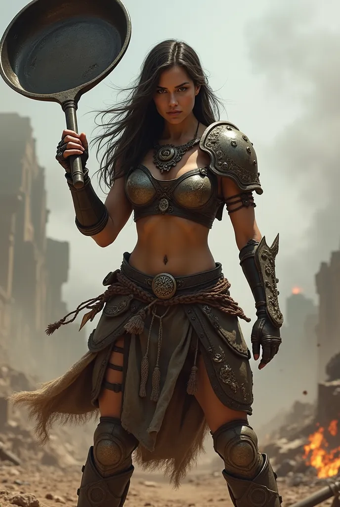 Warrior woman with a frying pan in her hand