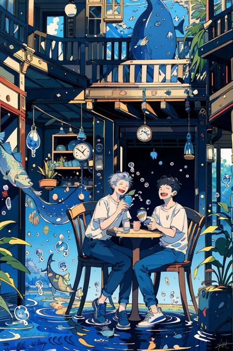 (masterpiece:1.2), best quality,pixiv, 
fairy tale style, multiple men, 2 man, clock, short sleeves, sitting, closed eyes, chair...