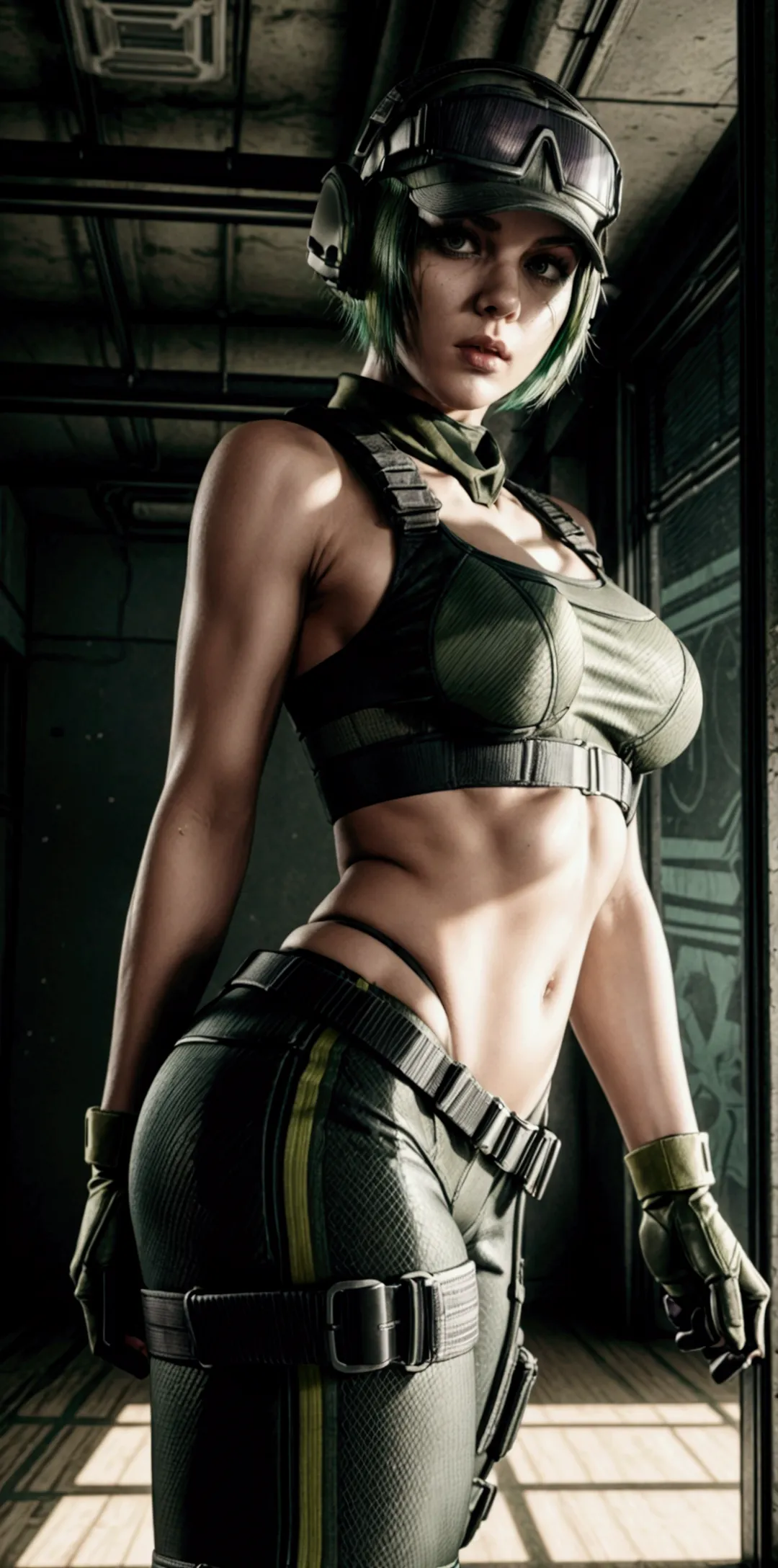 ela rainbow six siege, green short hair, cap, tactical headphones, belts, straps, tight black cloth, sexy pose, thin narrow wais...