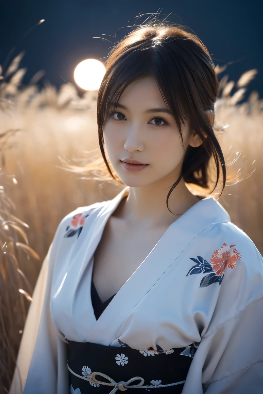 1 girl, (She is wearing a cute yukata:1.2), Very beautiful Japanese idol portraits, 
(RAW Photos, Best Quality), (Realistic, Realistic:1.4), (masterpiece), 
Very delicate and beautiful, Very detailed, 2k wallpaper, wonderful, finely, Very detailed CG Unity 8K wallpaper, Very detailed, High resolution, Soft Light, 
Beautiful detailed girl, Very detailed目と顔, Beautiful and sophisticated nose, Beautiful beautiful eyes, Cinema Lighting, 
(Standing in a field of silver grass on a moonlit night:1.3), (Big Moon), (月明かりに浮かぶ少女のwhole bodyのシルエット), (Dark screen at night:1.5), 
(Medium Hair), (Hair blowing in the wind), (whole body), 
Perfect Anatomy, Slender body, Small breasts