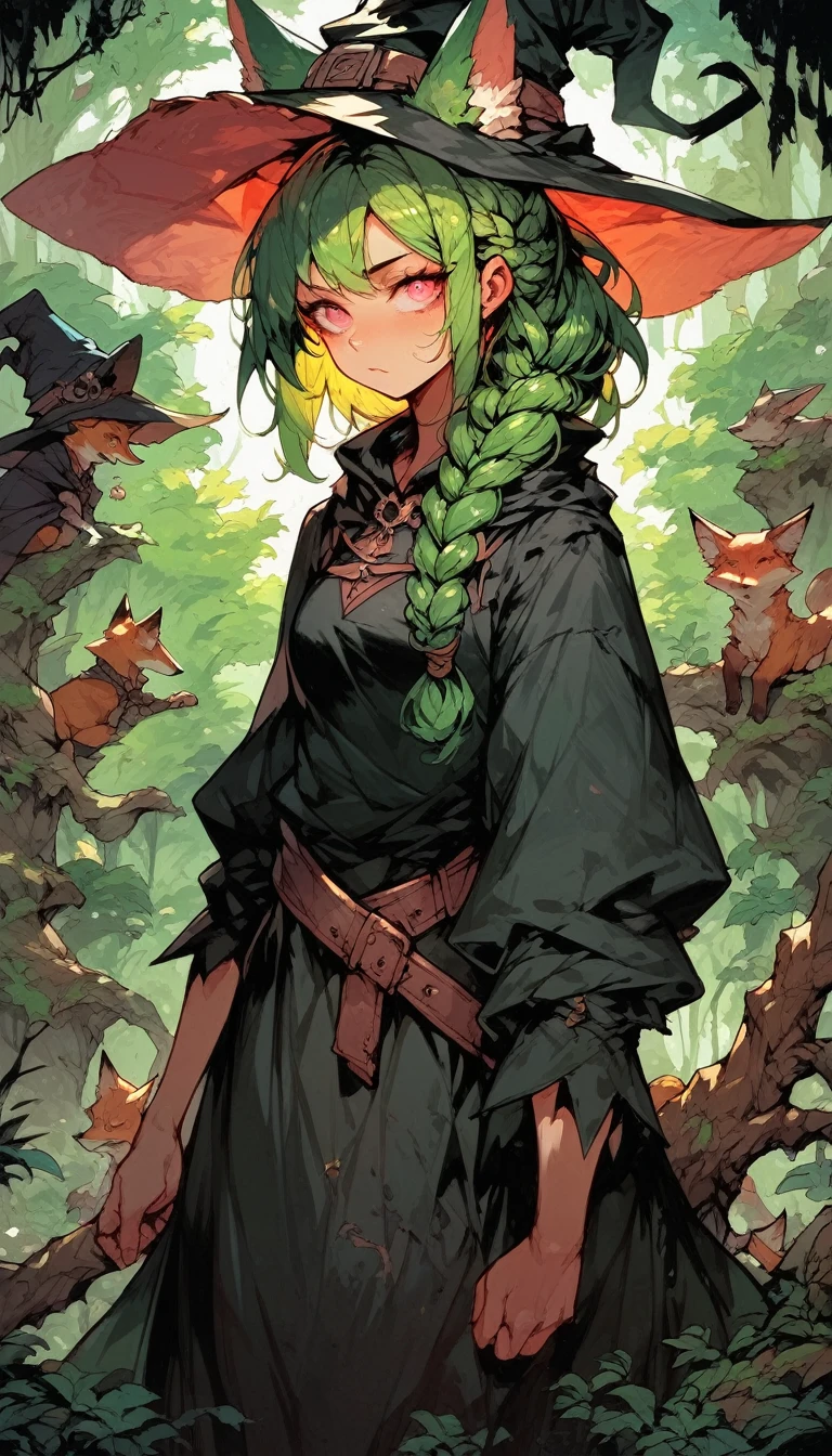 score_9, score_8_up, score_7_up, score_6_up, 1woman, green hair, braided hair, pink eyes, sorcerer, witch hat, dress, belt, fox ears, forest