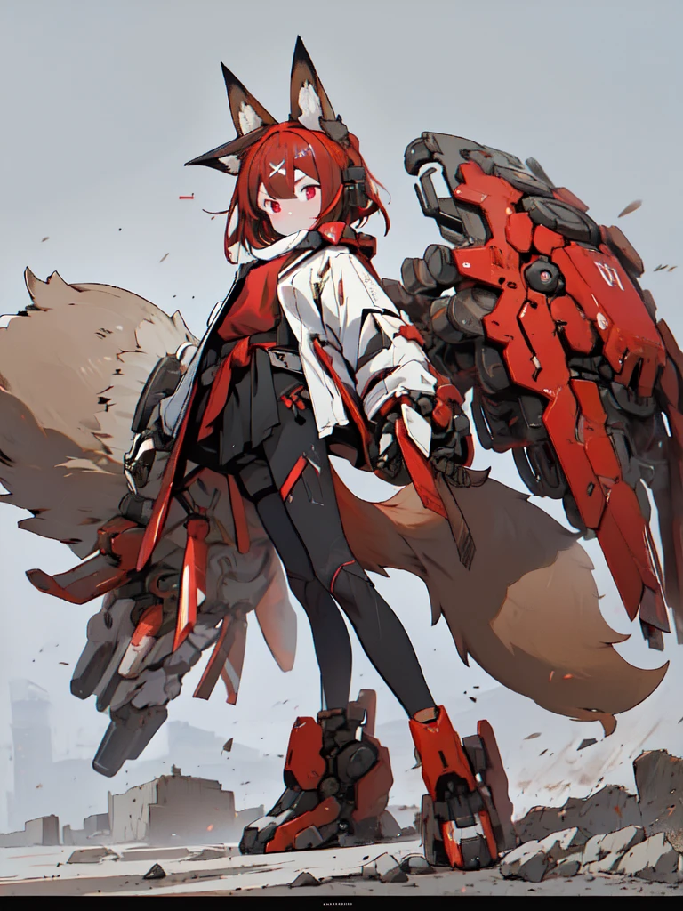 Masterpiece, intricate, anime style, full body, 1girl, rakkun, racoon girl, racoon ears, 1tail, fluffy tail, racoon tail, brown and light brown ringed tail, red and blue eyes blurred, short hair, red inner hair, brown hair, a strand of hair on the left side, red hair strips, short black shirt uncovered on the shoulders and with a black mesh with black borders up to the collar, polo shirt, short black skitr whit dark red checkered, black belt around the waist, looking at viewer, best quality, 4k,highres, professional art, professional drawing, professional lineart, outlined markers