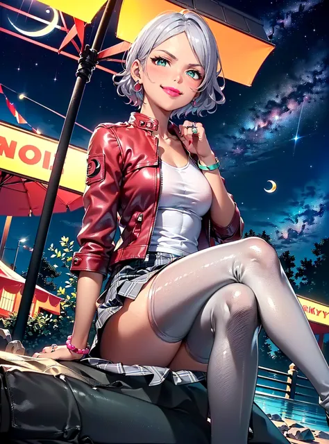 ((1 girl, Alone, alone, short hair, white hair, ((secelia dote, green eyes, small breasts, cute)), Dark, tan skin, Fitness)), ((Alone, (1 woman, pink lipstick), extremely detailed, soft ambient lighting, 4K, perfect eyes, perfect face, perfect lighting, 1 girl, jewelry, bracelets, ring)), , ((fitness,, shapely body, athletic body, toned body)), (( (( leather jacket, gray t-shirt, plaid skirt, checked skirt, tights, night, sky, constellations, milky way, crescent moon, sitting, crossed legs, sitting rock, sitting stone, smug smile )) ))