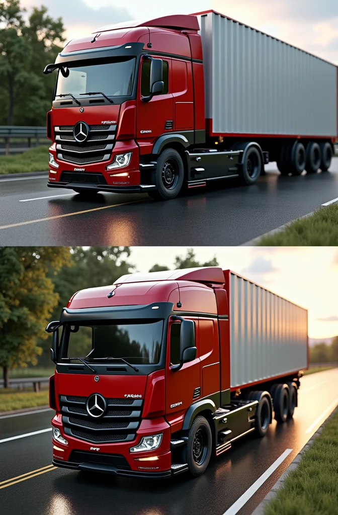 (high quality image, high definition, Photo realistic) SIDE VIEW OF A MERCEDES BENZ ACTROSS TYPE TRACTOR TRUCK, with the characteristics of a lamborghini, aggressive, powerful. The truck is RED AND BLACK, big grill, with the acronym "JAC" on the grill, ON THE ROAD, sunlight reflecting on the bodywork. wet floor, Water, cinematic lighting, glowing light, Reflection light, 16K, UHD, Retina, masterpiece, accurate, high quality, best quality, highres, 16K