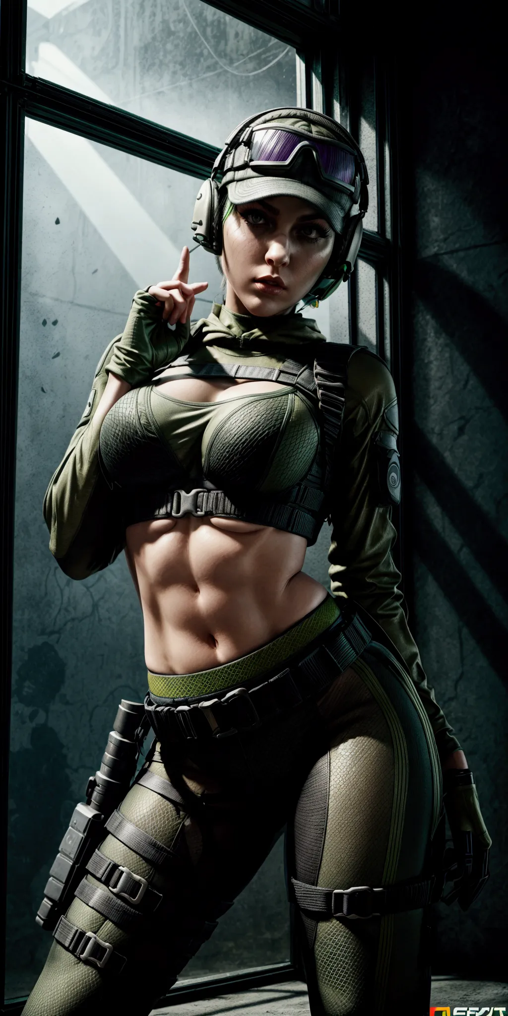 ela rainbow six siege, green short hair, cap, tactical headphones, belts, straps, tight black cloth, sexy pose, thin narrow wais...