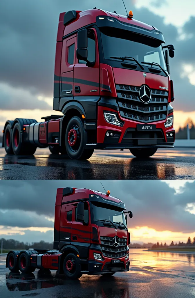 (high quality image, high definition, Photo realistic) SIDE VIEW OF A MERCEDES BENZ ACTROSS TYPE TRACTOR TRUCK, with the characteristics of a lamborghini, aggressive, powerful. The truck is RED AND BLACK, big grill, with the acronym "MB" on the grill, ON THE ROAD, sunlight reflecting on the bodywork. wet floor, Water, cinematic lighting, glowing light, Reflection light, 16K, UHD, Retina, masterpiece, accurate, high quality, best quality, highres, 16K