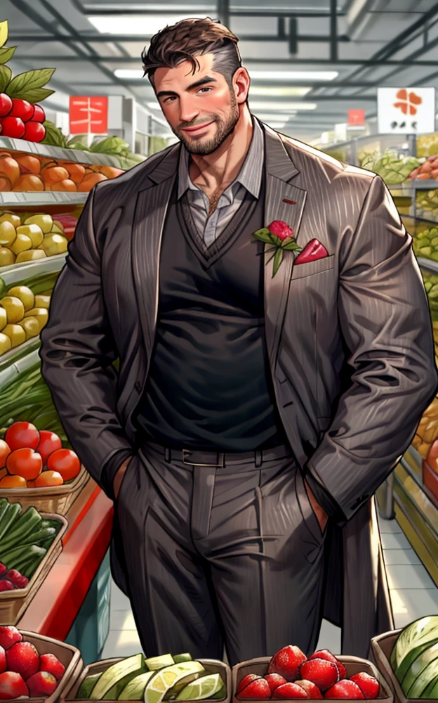 a 42 old age man with a chubby but strong build, red-haired with a well-groomed beard and some gray hairs, dressed in a suit and a white lab coat, and a 2 man, tall, athletic, with messy dark hair, dressed in a casual and youthful manner, standing together in a modern supermarket, with vibrant-colored shelves of fruits and vegetables in the background, Javier holding a notebook in one hand, with a slightly shy but adorable expression, Andrés looking at him with a confident and flirtatious smile, Andrés with one arm casually resting on Javier's shoulder, showing closeness and a touch of romantic playfulness, soft and warm lighting, a sense of freshness and fun, "The List" in an elegant but casual typography, standing out in bright and romantic colors such as pink or red, evoking the light and romantic tone of the novel, modern visual style with clean lines, saturated colors, and a warm atmosphere that reflects both the humor and the romantic tension of the story