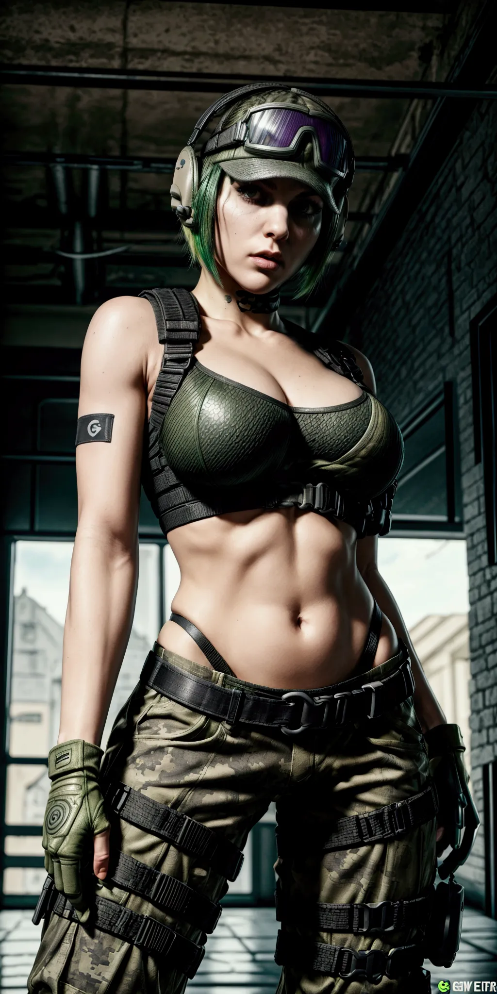 ela rainbow six siege, green short hair, cap, tactical headphones, belts, straps, tight black cloth, sexy pose, thin narrow wais...