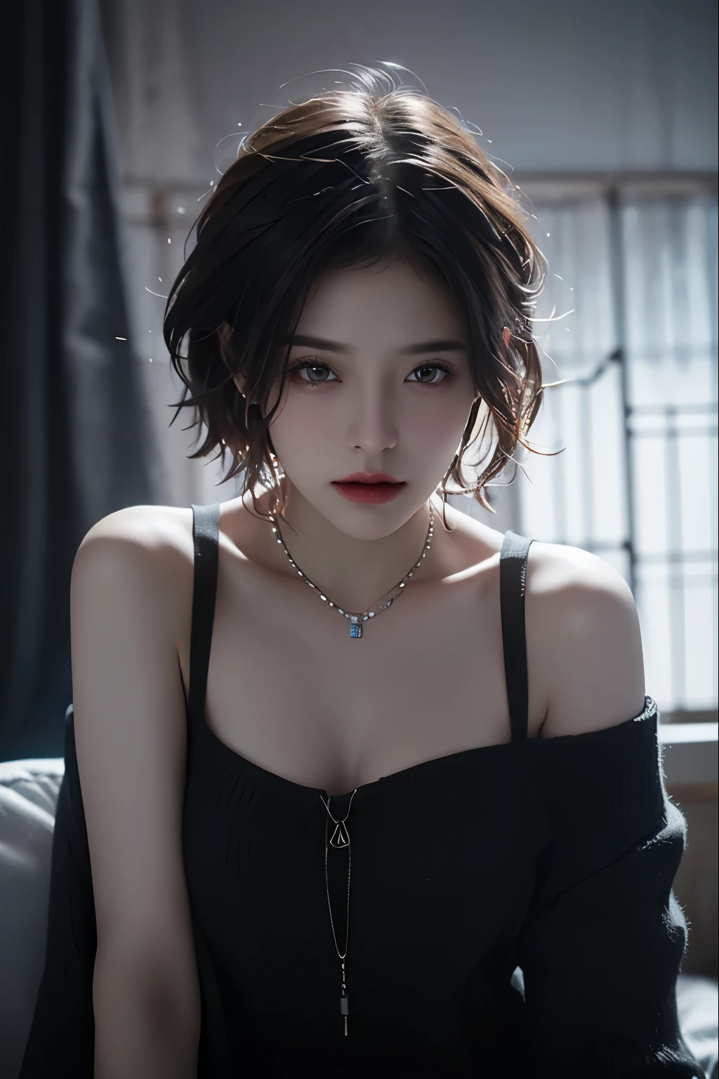 Best quality, masterpiece, ultra high res, (photorealistic:1.5), raw photo, 1girl, offshoulder, in the dark, deep shadow, low key, cold light, sexy look, short hair