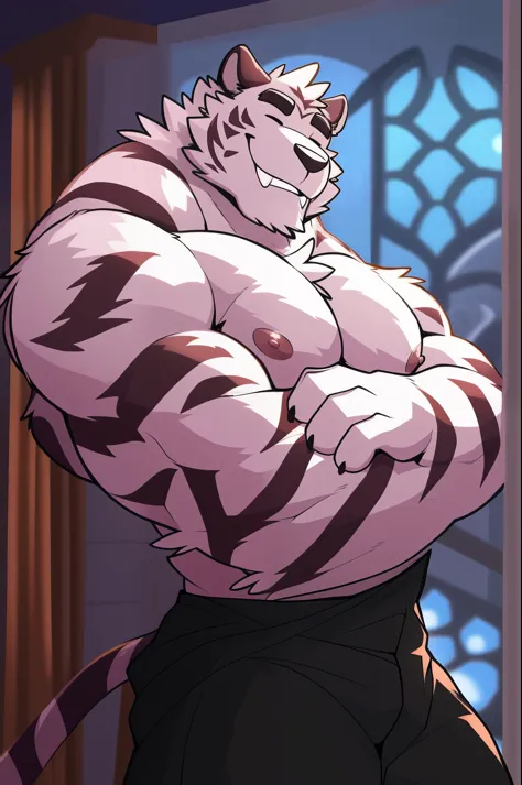 author: Takemoto Arashi, (1 boy), One, Axel, white fur, black stripes,  Men, second test, big body, pectoralis major muscles, big bodyсложение, kimono,  Beautiful, sexual, Attractive guy, (closed глаза), brows, teeth, (masterpiece, high resolution, high quality), 4K, portrait, Beautiful shadow, focus on pectoral muscles, nipples, black pants, In the room , the background of the room, 