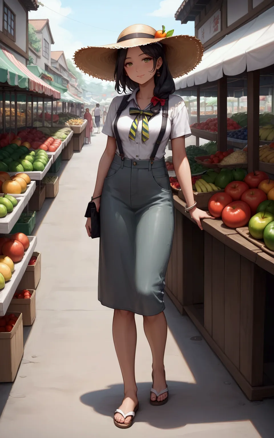 score_9, score_8_up, score_7_up, score_6_up, score_5_up, score_4_up, source_anime, arafed woman standing in front of a fruit sta...