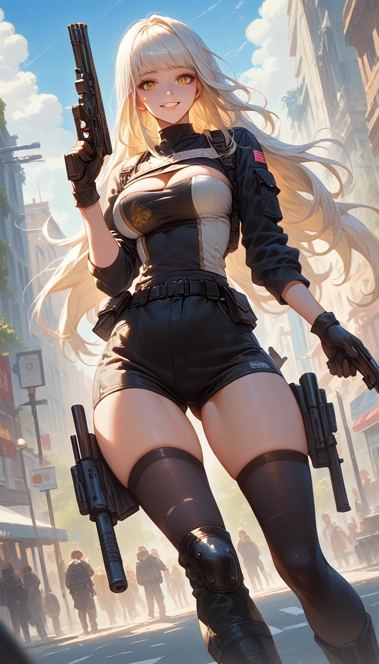 ultra-detailed, 1girl, solo, blancrnd, (best quality), ((masterpiece)), (highres), 16K, yellow eyes, white hair, long hair, hair intakes, bangs, wearing tactical clothes, wearing bootyshorts, tactical belt, gloves, black thighhighs, knee boots, busty body, large breasts and a beautiful ass, showcasing cleavage, legs, hips, gun, holding gun, looking at viewer, smile, detailed thighs, detailed full body, street background