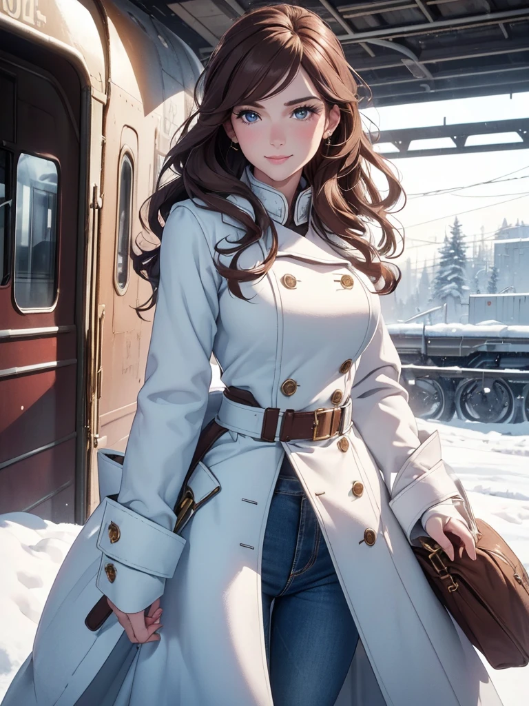 (8K, photo and gross, Better quality, maestro:1.2), (realistic, fotorrealistic:1.37), ultra detailed, 1 girl, beautiful, alone, Beautiful detailed winter landscape with snow and an old train, (blush), (full body: 1.1), (smile: 1.1), big breasts, beautiful and delicate blue eyes, (long wavy brown hair: 1.2), wearing a fitted blue winter coat with white fur cuffs and white fur collar, fitted blue jeans: 1.1, holding a bouquet of white flowers, long flowing skirt, high contrast, High quality details in her clothes and background, (elegant and confident posture: 1.2), soft winter lighting reflected in the snow, The train behind her shows details of a vintage design, creating a mix of classic and modern aesthetics.