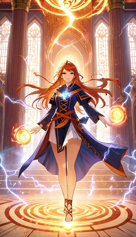 a powerful sorceress summoning glowing, swirling elements of fire and lightning, standing in a grand temple with magical runes g...