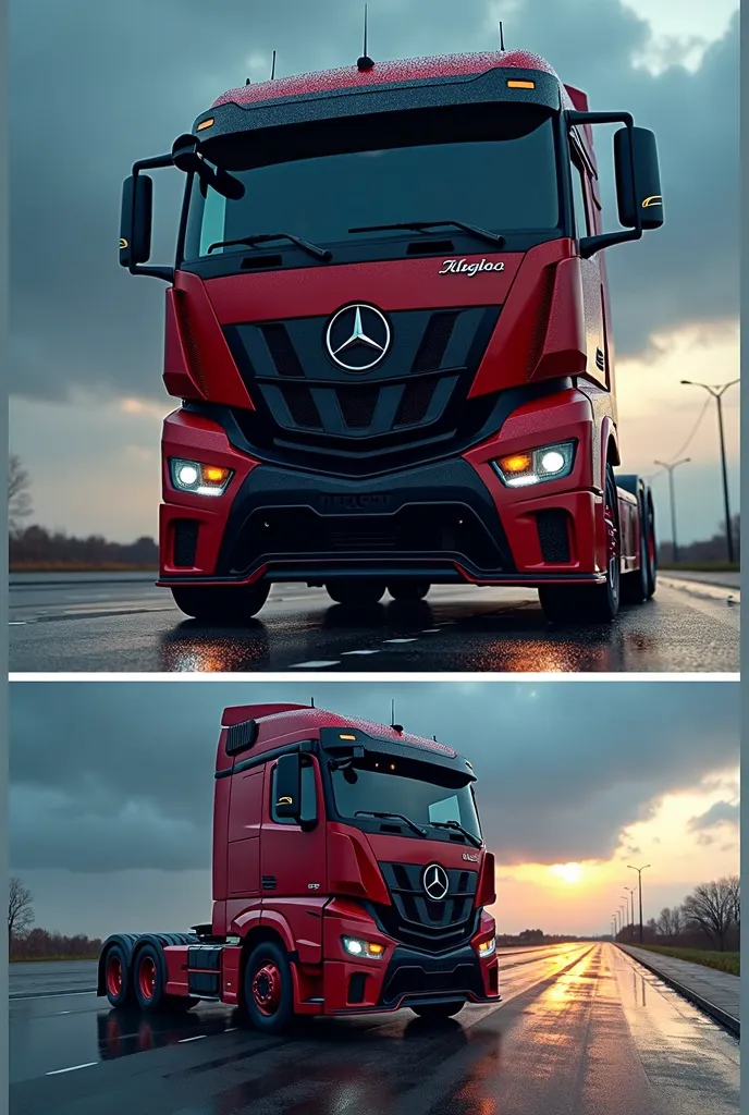 (high quality image, high definition, Photo realistic) SIDE VIEW OF A MERCEDES BENZ ACTROSS TYPE TRACTOR TRUCK, with the characteristics of a lamborghini, aggressive, powerful. The truck is RED AND BLACK, big grill, with the acronym "MB" on the grill, ON THE ROAD, sunlight reflecting on the bodywork. wet floor, Water, cinematic lighting, glowing light, Reflection light, 16K, UHD, Retina, masterpiece, accurate, high quality, best quality, highres, 16K