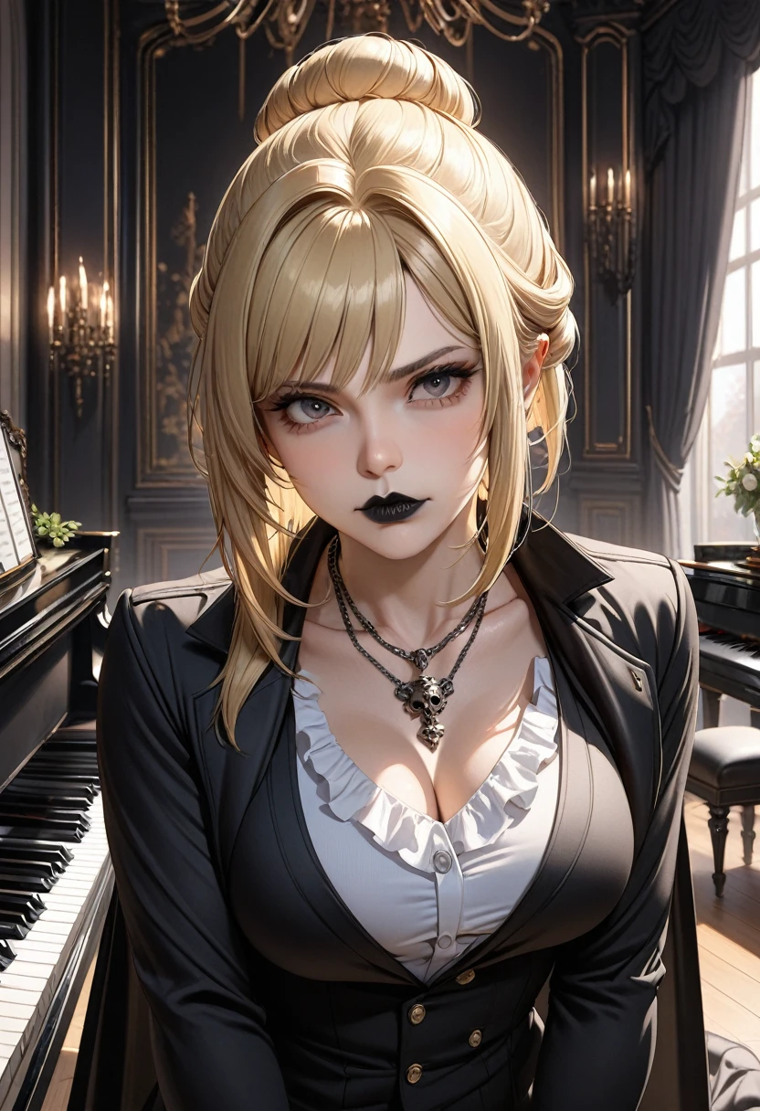 Ultra Quality, Extremely Detailed, High Resolution, Woman, (1girl), medium shot, 36year old, Russian Woman, arrogant eyes, serious eyes, gray eyes, black lips, blonde hair, medium hair, straight hair, bun, gothic luxurious room, black cloak, white ruffle front shirt, skull necklace, black slacks, athletic body, lean muscles, playing on piano