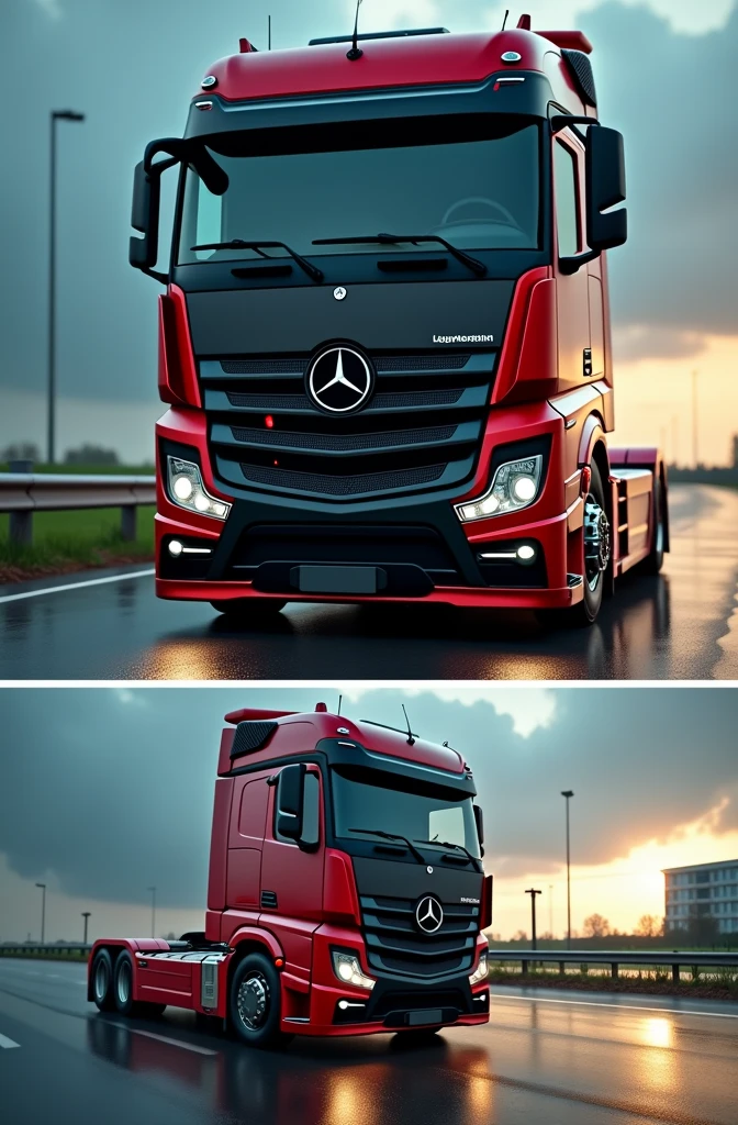 (high quality image, high definition, Photo realistic) SIDE VIEW OF A MERCEDES BENZ ACTROSS TYPE TRACTOR TRUCK, with the characteristics of a lamborghini, aggressive, powerful. The truck is RED AND BLACK, big grill, with the acronym "MB" on the grill, ON THE ROAD, sunlight reflecting on the bodywork. wet floor, Water, cinematic lighting, glowing light, Reflection light, 16K, UHD, Retina, masterpiece, accurate, high quality, best quality, highres, 16K