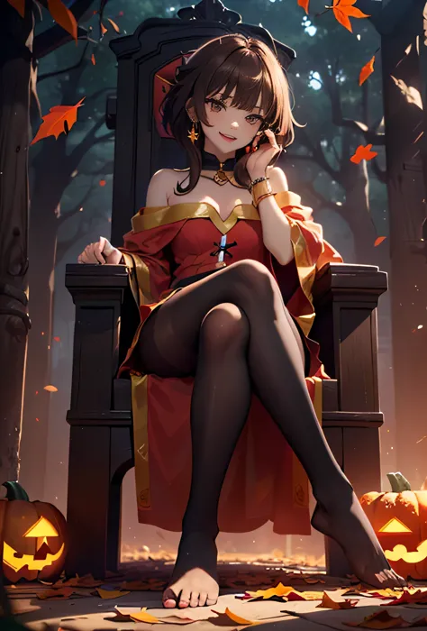 ((1girl, solo ,alone, megumin, short hair, red eyes, brown hair, ((short woman, small bust)), painted nails, gold bracelets, rub...