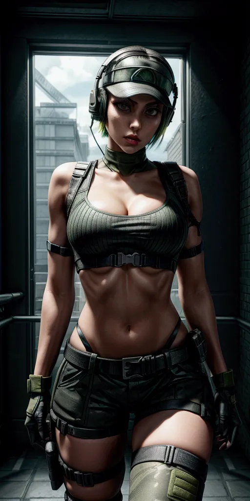 ela rainbow six siege, green short hair, cap, tactical headphones, belts, straps, tight black cloth, sexy pose, thin narrow wais...