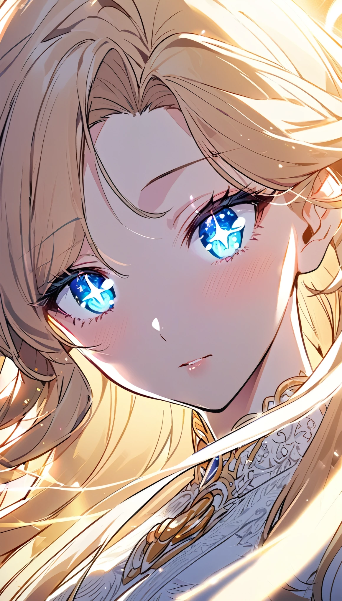 A close-up of a beautiful manhwa-style girl with long, flowing hair, sparkling eyes, and soft, radiant skin. She has a serene expression and is illuminated by soft, glowing light. Her elegant, ornate dress and subtle glowing magical aura add to her ethereal beauty