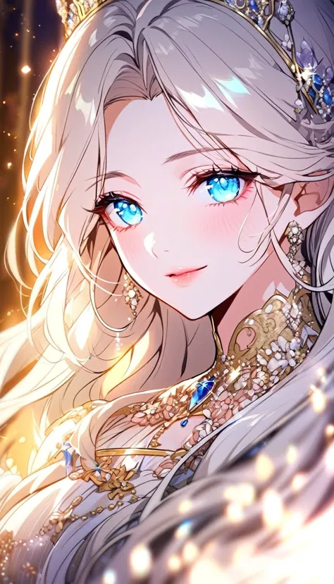 a close-up of a beautiful manhwa-style princess with long, silky hair adorned with jewels, her delicate features framed by soft,...