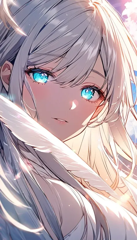 a close-up of a beautiful manhwa-style girl with soft, glowing angel wings behind her, her hair cascading around her face like s...