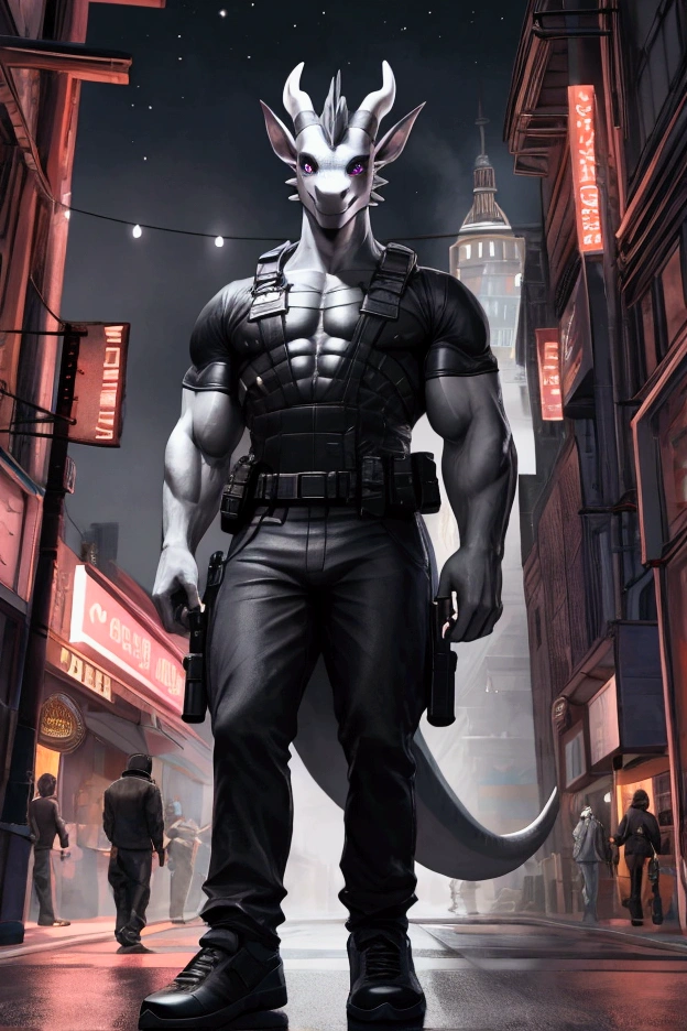 An anthropomorphic dark grey dragon with a grey-white abdomen,Side Face, 178cm tall, slightly large eyes, a smile, two short horns on its head, the horns, 20years old, wearing sci-fi style light grey short sleeves. Holding an assault rifle, the details are extremely fine, the picture quality is extremely high, the details are perplexing, the picture is realistic, the lights are cinematic, the shadows are dramatic, the eyes are black, the background is natural, strong body,Full body muscles,the feet are wearing black sneakers, the picture is clear, the bottom is wearing black trousers, and the muscles are very developed, standing on the street at night.