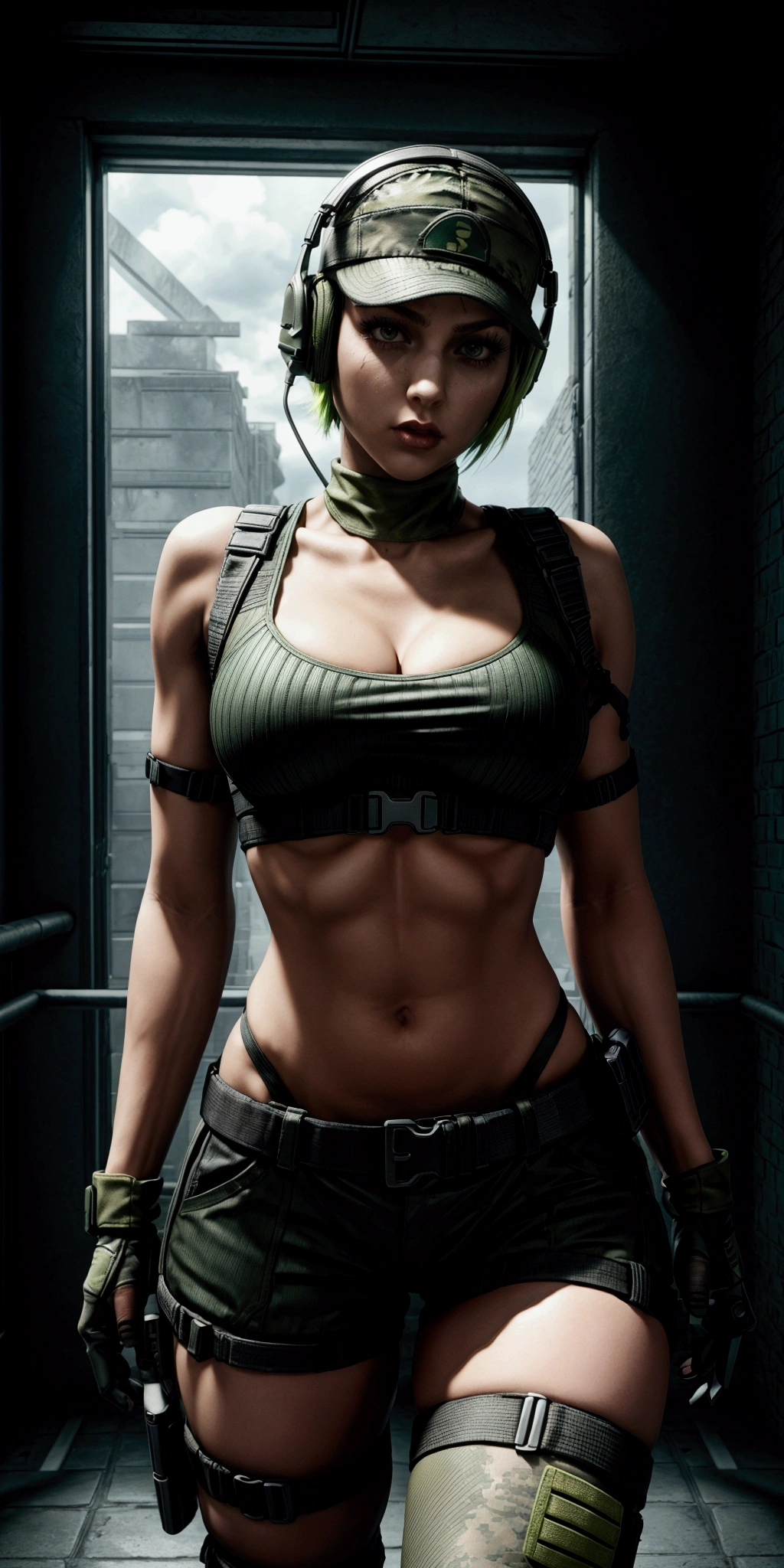 ela rainbow six siege, green short hair, cap, tactical headphones, belts, straps, tight black cloth, sexy pose, thin narrow waist, big sexy breasts, yoga military microshorts, googles, tactical gloves, headset, shirt