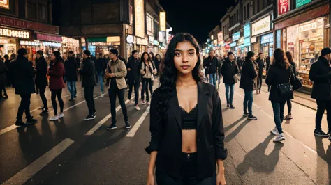 a 2 indian girl with fair skin, medium-length black curly hair, almond-shaped eyes, and full lips. she is standing on a crowded ...