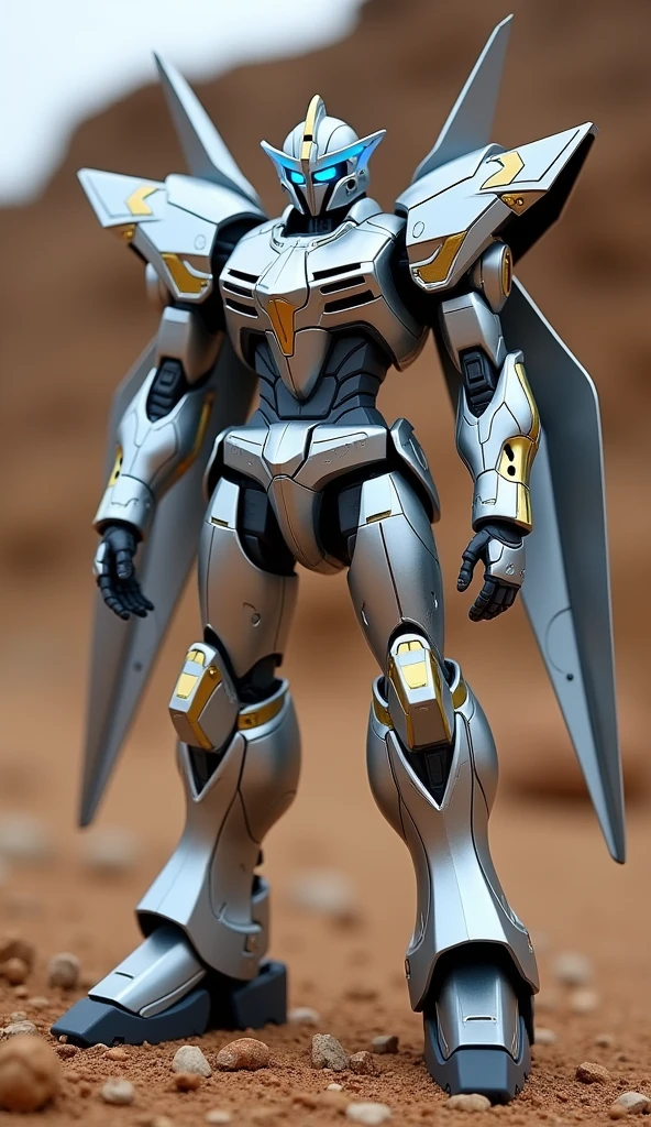 A silver robot with blue and white lighting stands grounded against a brown backdrop, likely a barren landscape of soil with rocks. Its eyes and hands emit blue light, and the robot features gold accents. The design is distinct and exhibits a look that suggests readiness for battle. The robot's structure includes large wings, contributing to its imposing presence. Despite there being no OCR readings indicating text on the robot, the overall scene conveys a futuristic atmosphere with a stark contrast between this powerful figure and the desolate surroundings, evoking feelings of both despair and resilience.