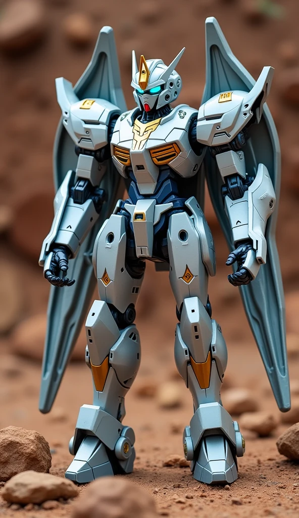 A silver robot with blue and white lighting stands grounded against a brown backdrop, likely a barren landscape of soil with rocks. Its eyes and hands emit blue light, and the robot features gold accents. The design is distinct and exhibits a look that suggests readiness for battle. The robot's structure includes large wings, contributing to its imposing presence. Despite there being no OCR readings indicating text on the robot, the overall scene conveys a futuristic atmosphere with a stark contrast between this powerful figure and the desolate surroundings, evoking feelings of both despair and resilience.