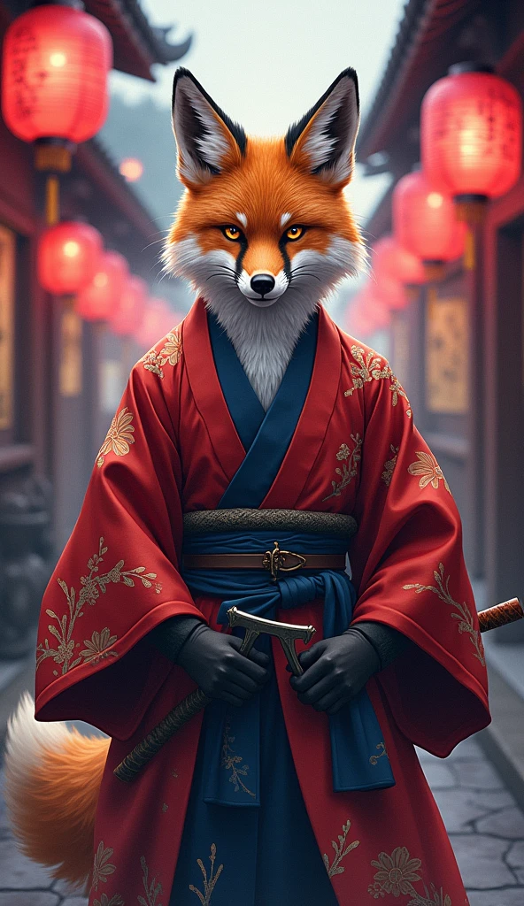 The title and description would aptly reflect the regal and enigmatic nature of the image. A suggested title could be "Samurai Fox in Mystic Alley." The depiction would be described as a powerful, anime-inspired fox dressed as a samurai ninjain a vibrant kimono, exuding strength and culture in a mystically lit Japanese alley adorned with pink and red lanterns, embodying a deep sense of Eastern tradition and adventure.