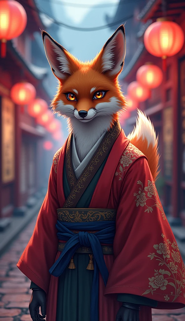 The title and description would aptly reflect the regal and enigmatic nature of the image. A suggested title could be "Samurai Fox in Mystic Alley." The depiction would be described as a powerful, anime-inspired fox dressed as a samurai ninjain a vibrant kimono, exuding strength and culture in a mystically lit Japanese alley adorned with pink and red lanterns, embodying a deep sense of Eastern tradition and adventure.